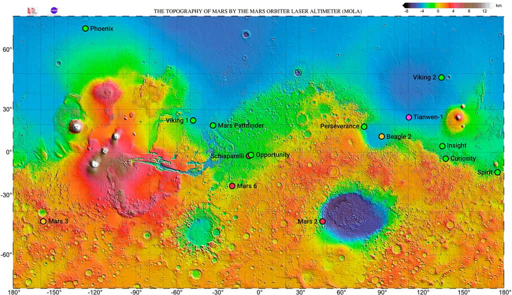 Localisation, sur une carte altimétrique, des différentes missions qui se sont posées sur Mars. © Nasa, Mola Science team, Wikipedia 