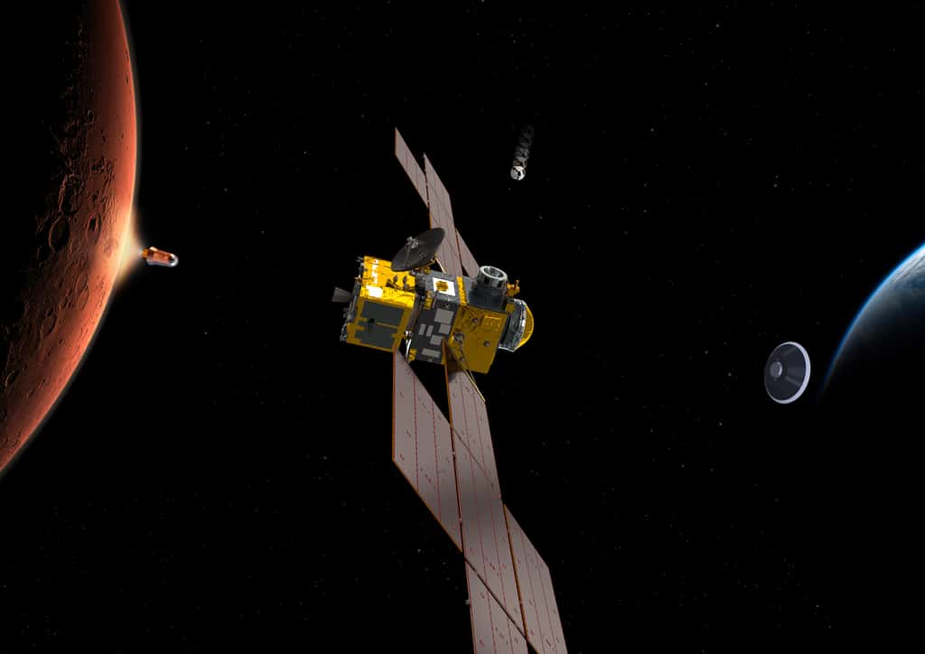 La partie orbitale de la mission de retour d'échantillons martiens de la Nasa et de l'ESA résumée en une image. De gauche à droite, l'étage de remontée avec les échantillons, le satellite ERO avec le module OIM, le petit conteneur à récupérer en orbite martienne et la capsule de retour sur Terre avec, à son bord, le conteneur qui abrite les échantillons martiens. © ESA, ATG-Medialab