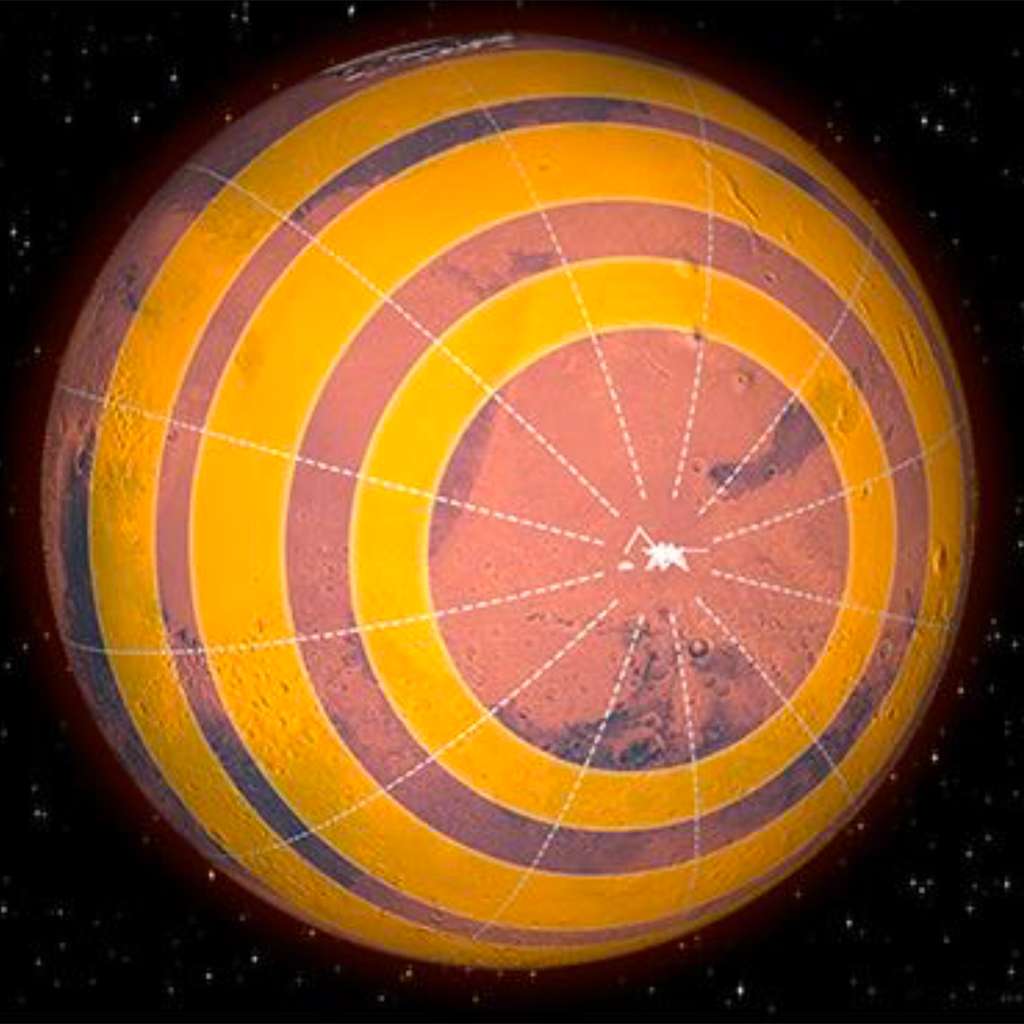 Première carte globale de séismicité pour la planète Mars. La très grande majorité des séismes martiens ne peuvent pas pour l’instant être localisés précisément. Seule, la distance à la station de mesure InSight peut être déterminée, tandis que l’orientation par rapport aux points cardinaux demeure inconnue, d’où une répartition approximative sur des cercles. © IPGP, Nasa InSight, <em>Seis team</em>