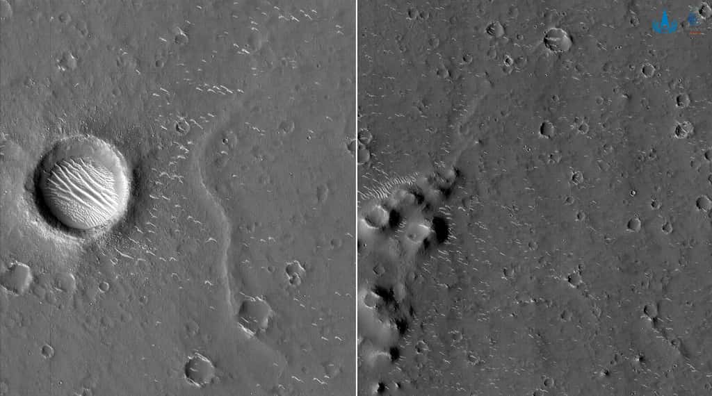 Ces deux images en noir et blanc de la surface de Mars font partie de la première série d'images obtenues par la sonde Tainwen-1. Elles ont été acquises depuis une altitude entre 330 et 350 kilomètres, quelques jours après l'arrivée de la sonde autour de la Planète rouge. La résolution est de 70 centimètres, ce qui signifie que les détails les plus petits visibles mesurent un peu plus de deux mètres. © CNSA