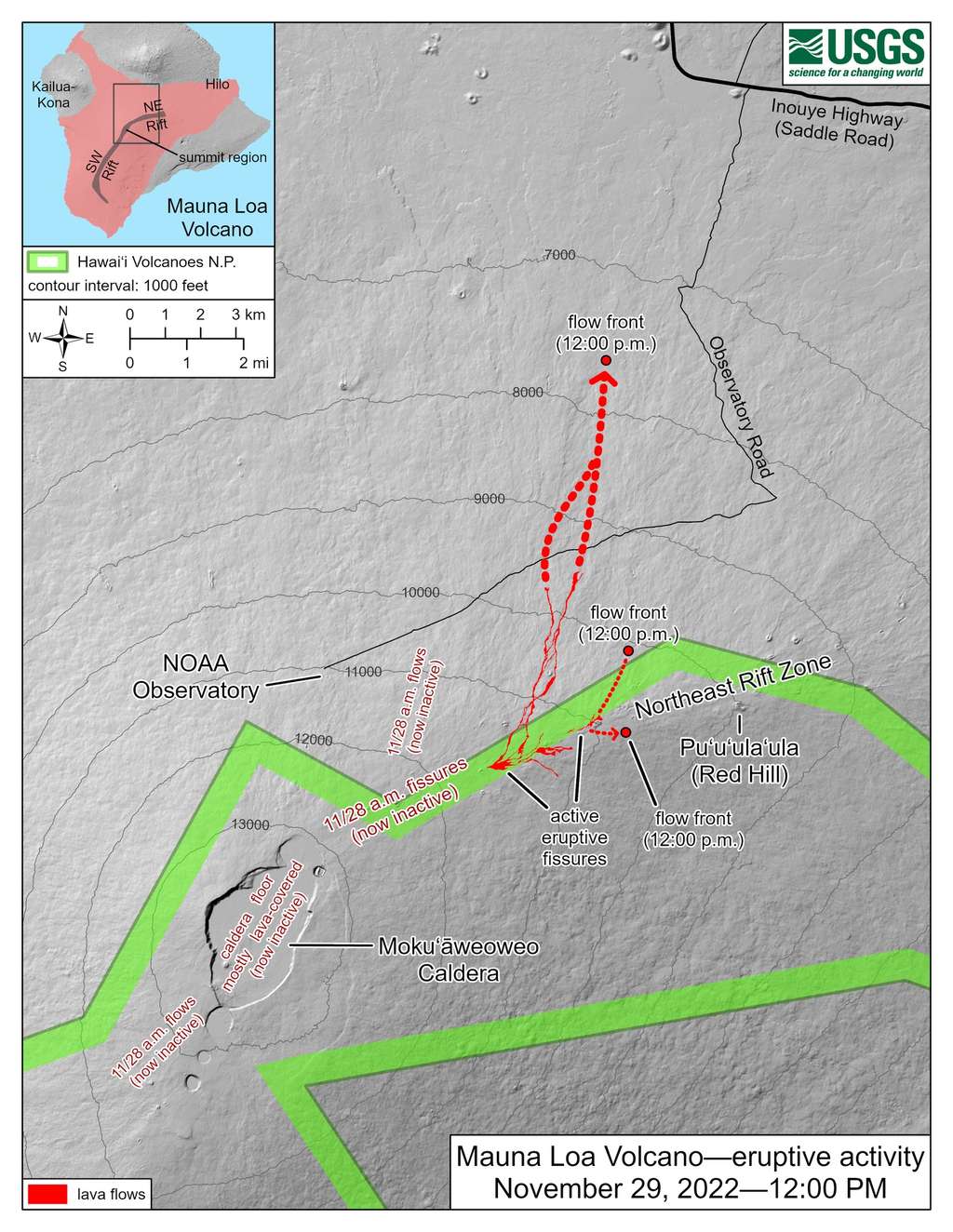 Carte de l’éruption du Mauna Loa du 29 novembre à 12 h. Remarquez notamment les deux fissures actives et la coulée nord. © HVO-USGS