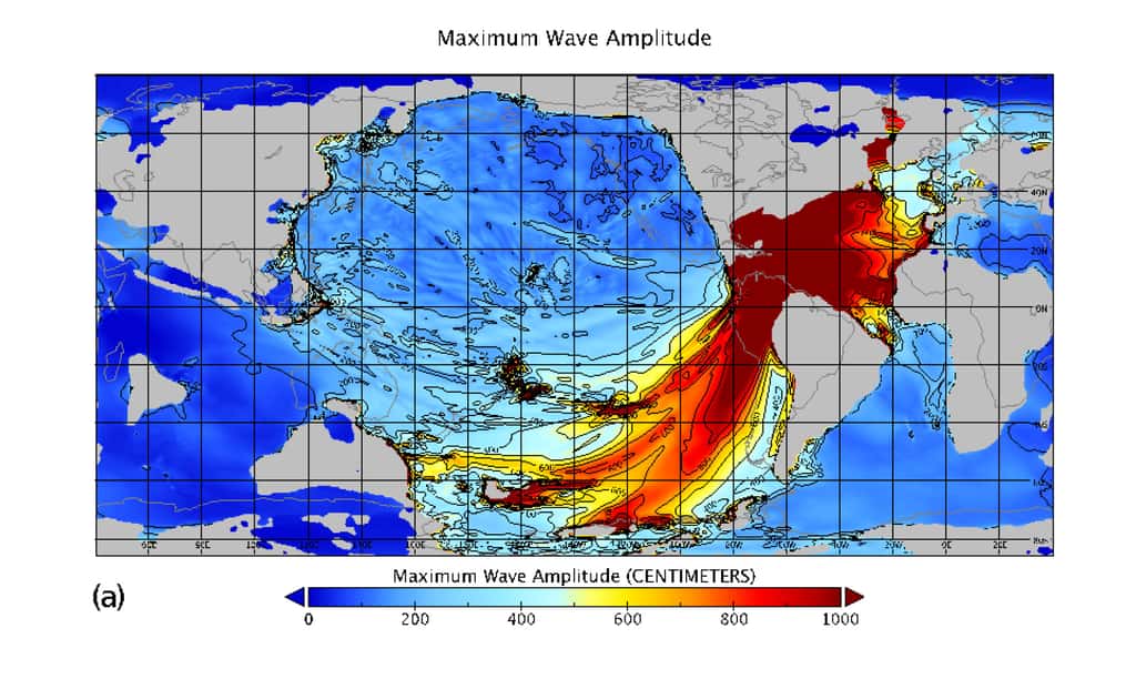 L'amplitude des vagues du tsunami causé par l'astéroïde, de 1 cm à 1 000 cm, l'échelle de couleurs n'allant pas au-delà. © NOAA