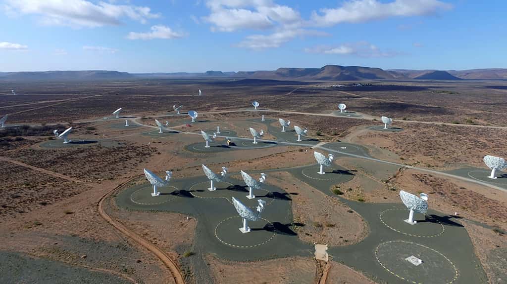 Une partie des 64 antennes du radiotélescope MeerKat. © <em>South African Radio Astronomy Observatory</em> (SARAO)