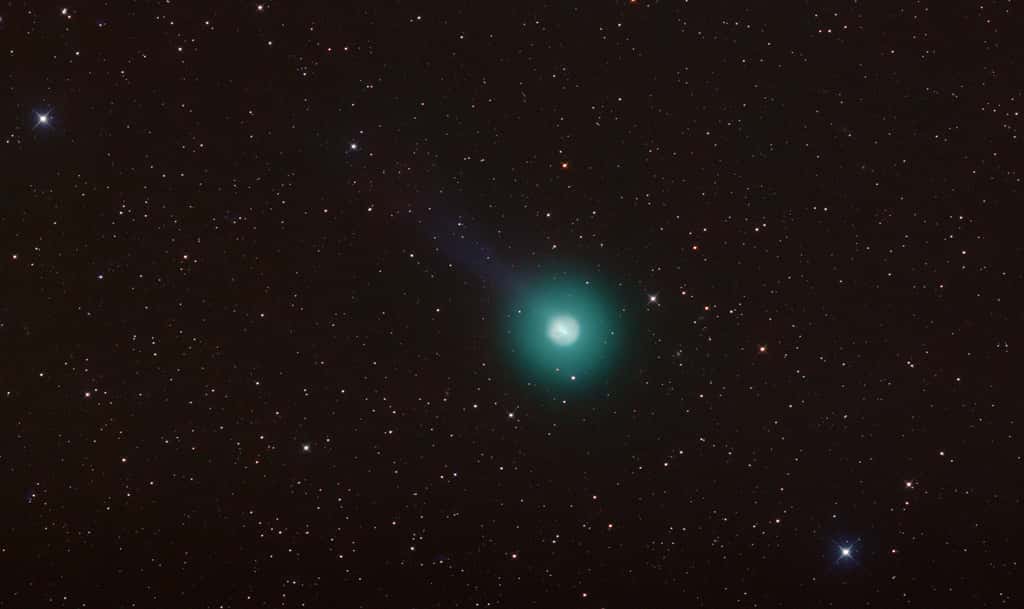 Image de la comète 12P/Pons-Brooks capturée le 18 novembre 2023. Son activité très erratique lui donne cette fois une allure de sphère vert pâle. © Michael Jaeger, Spaceweather