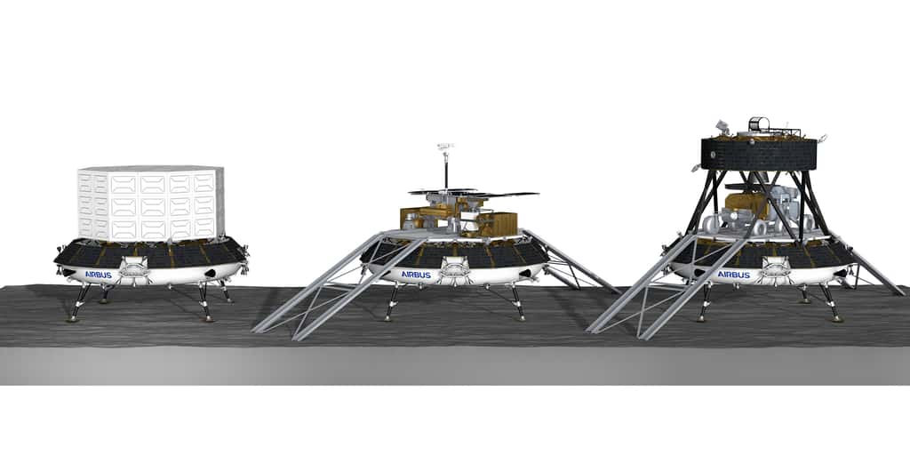Différents concepts à l'étude d'alunisseur logistique lourd européen (EL3) sous ses différentes configurations, en fonction du scénario de mission (transport de fret, dépose d'un rover, retour d'échantillons lunaires). Cette étude est réalisée par Airbus pour le compte de l'ESA. © Airbus