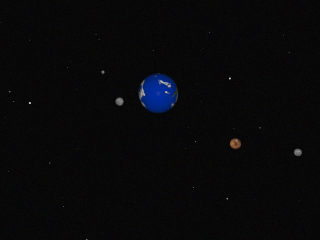 Dans cette animation, le satellite orange décrit un mouvement rétrograde autour de sa planète, contrairement aux trois autres. © Silver Spoon, Wikimedia Commons
