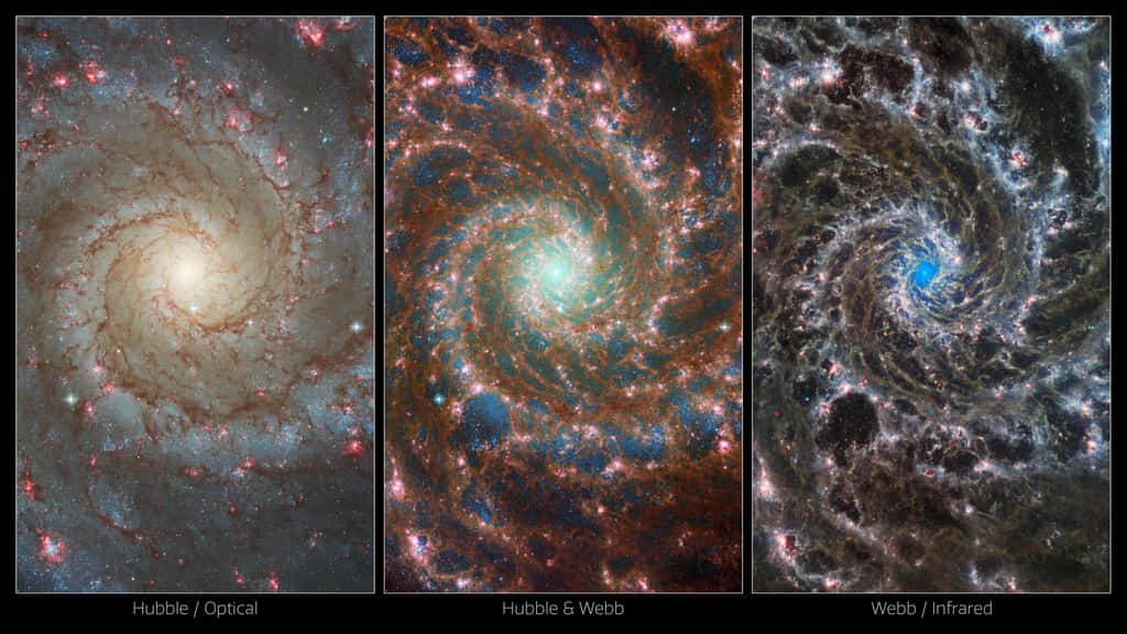Sur ce triptyque, la même galaxie à 32 millions d'années-lumière, vue dans différentes longueur d'onde. À gauche, dans le visible avec Hubble. À droite, dans l'infrarouge, avec James-Webb. Et au centre, une image combinée pour une lecture multispectrale de la Galaxie du Fantôme. © ESA, Webb, Nasa & CSA, J. Lee and the PHANGS-JWST Team; ESA/Hubble & NASA, R. Chandar, J. Schmidt