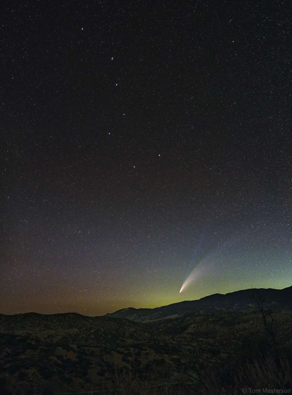 La comète Neowise photographiée en Californie. L'astérisque de la Grande Casserole (les sept étoiles les plus brillantes de la Grande Ourse) est visible de l'astre chevelu. Superbe photo où l'on peut aisément distinguer la queue de plasma (bleutée) et la queue de poussière (blanche). © Tom Masterson, Apod (Nasa)