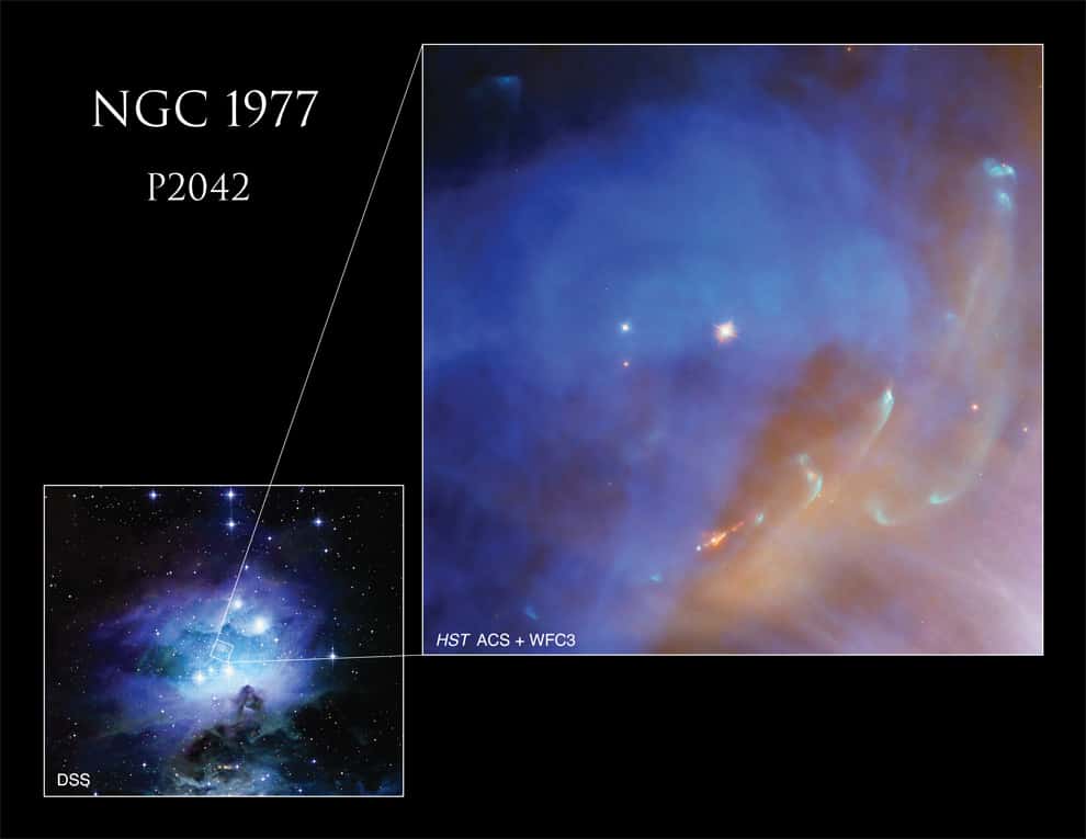Hubble a photographié une petite section de la nébuleuse NGC 1977, qui se trouve à proximité de la célèbre nébuleuse d'Orion et qui est une cible de prédilection pour les astronomes amateurs à observer et à photographier. © <em>Nasa, ESA, J. Bally (University of Colorado at Boulder), and DSS; Processing: Gladys Kober (Nasa/Catholic University of America)</em>