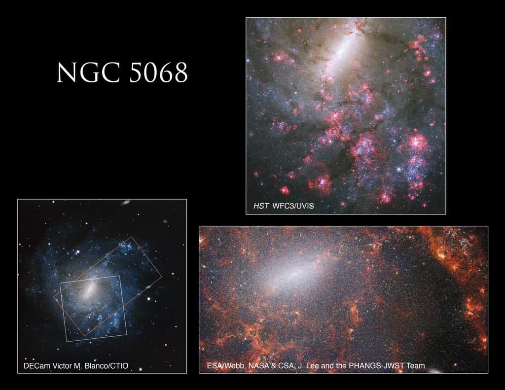 Cette image du télescope spatial Hubble de la Nasa (en haut à droite) additionne des observations menées avec la lumière ultraviolette, visible et dans le proche infrarouge. L'image prise avec le télescope James-Webb (en bas à droite) est dans l'infrarouge proche également. L'image grand champ, en bas à gauche de NGC 5068, indique les emplacements des images de Hubble et Webb dans le contexte de la galaxie entière et les uns par rapport aux autres. © Nasa, ESA, R. Chandar (Université de Tolède) et J. Lee (STScI) ; Traitement : Gladys Kober (Nasa, Université catholique d'Amérique), DECam, Victor M. Blanco/CTIO, CSA, J. Lee et l'équipe PHANGS-JWST