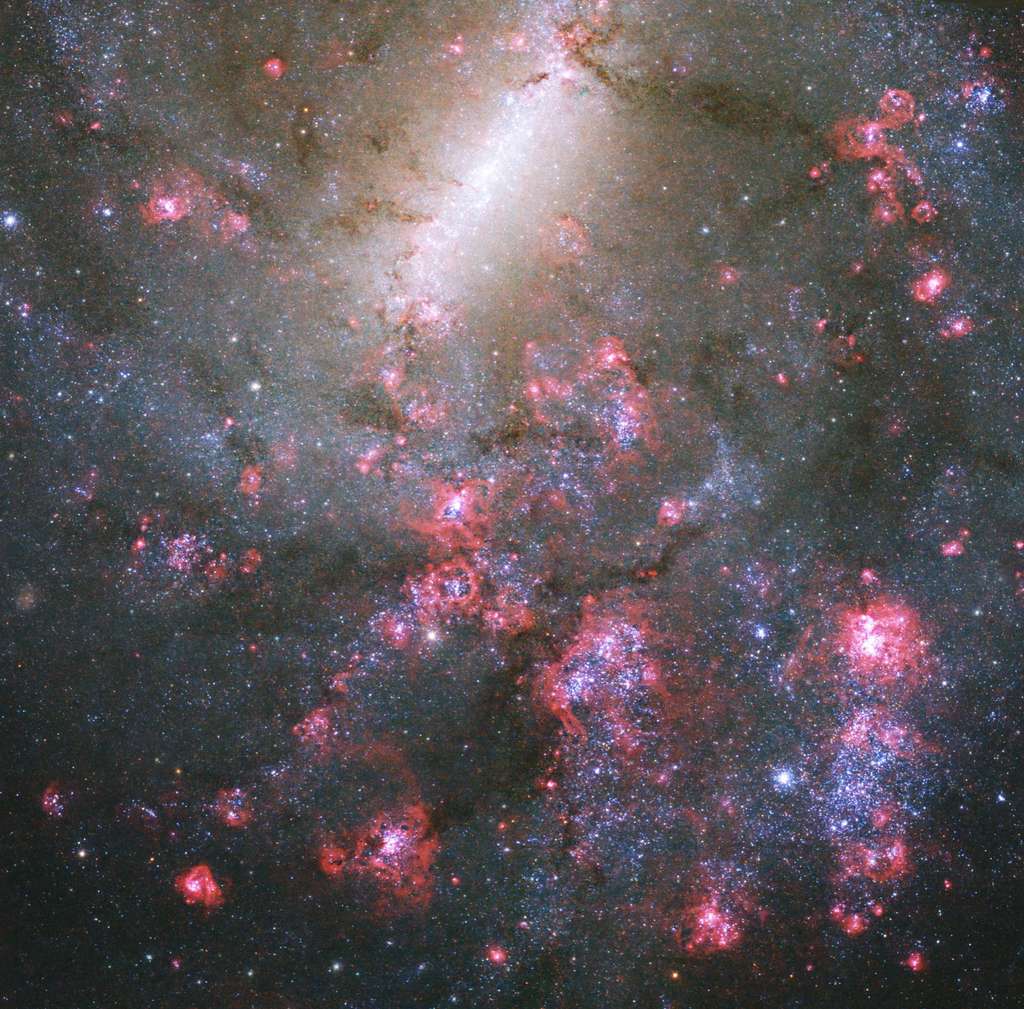 Cette image du télescope spatial Hubble de la Nasa de NGC 5068 utilise des données en lumière ultraviolette, visible et proche infrarouge. © Nasa, ESA, R. Chandar (Université de Tolède) et J. Lee (<em>Space Telescope Science Institute</em>) ; Traitement : Gladys Kober (Nasa, Université catholique d'Amérique)