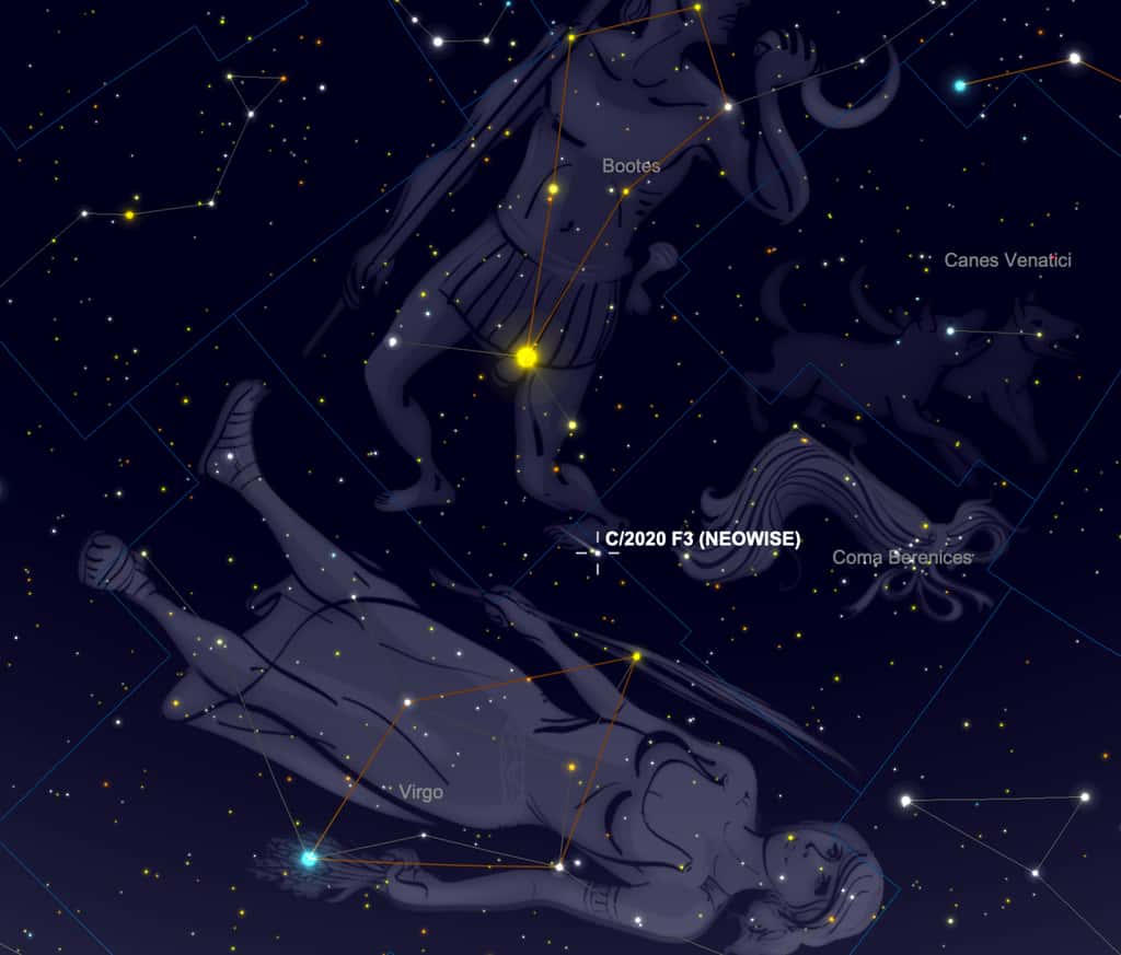 Les 9 et 10 août, la comète Neowise est visible entre les étoiles brillantes Arcturus et Vindemiatrix. © SkySafari