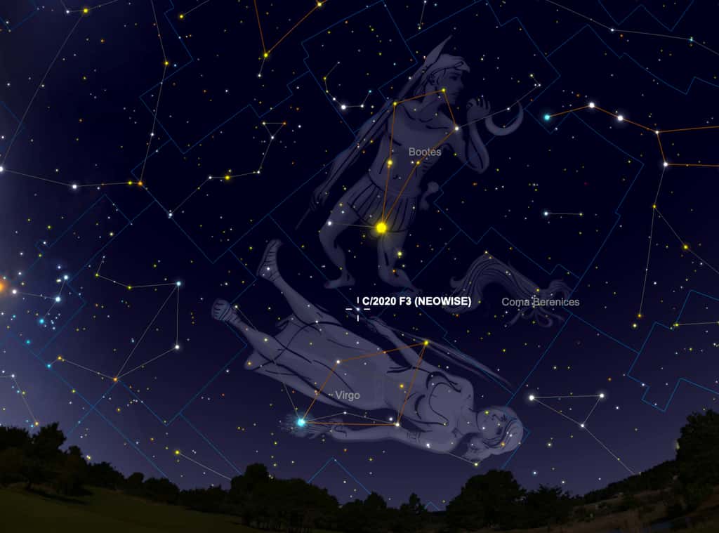 Le 14 et 15 août, on peut repérer Neowise entre Arcturus et Spica, deux étoiles brillantes du ciel d'été, entre l'ouest et le sud-ouest. © SkySafari