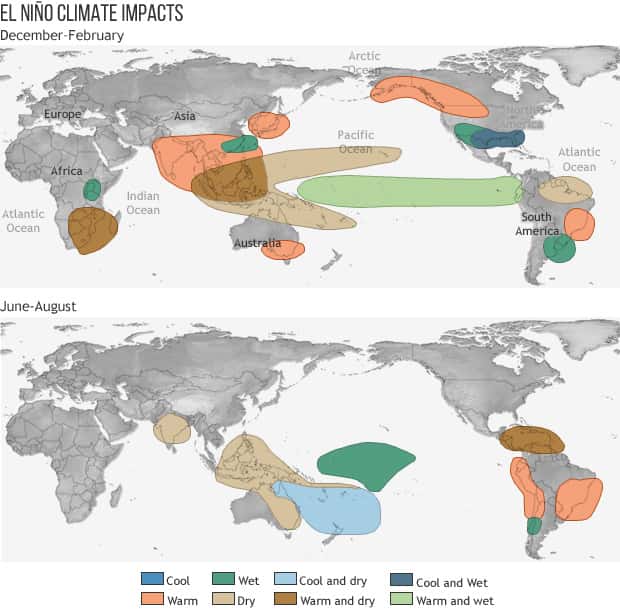 Les conséquences d'El Niño en hiver (sur l'image du haut) et celles au cours de l'été (sur l'image du bas) : cette phase climatique provoque globalement un temps plus chaud et plus sec en Asie. © NOAA