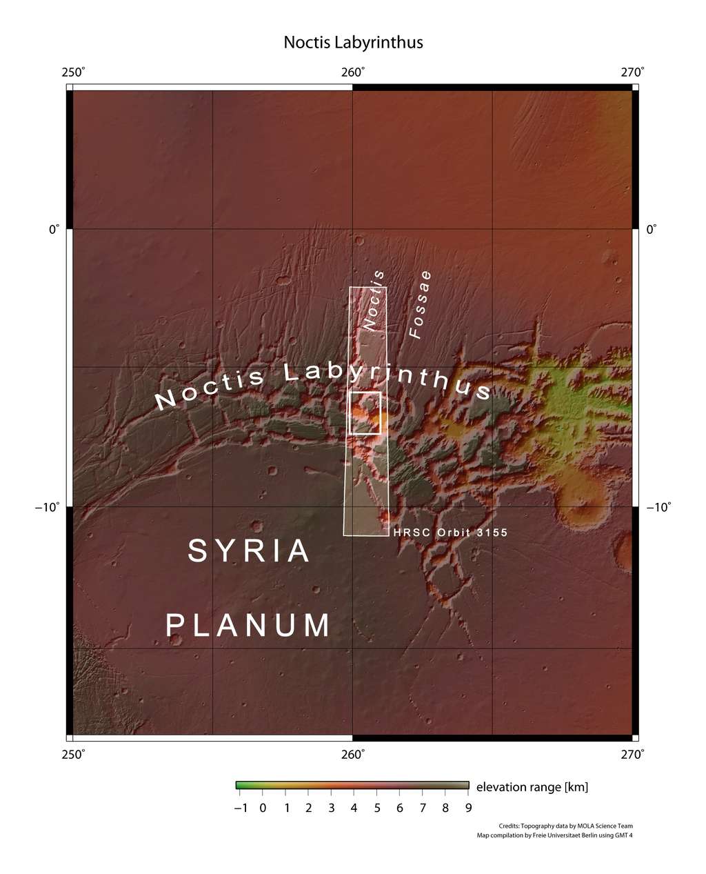 La caméra HRSC embarquée sur la sonde Mars Express de l'ESA a photographié la région de Noctis Labyrinthus, le « Labyrinthe de la nuit » sur Mars. La partie ouest de Valles Marineris apparaît sur la droite de l'image. © ESA, FU Berlin, Mola