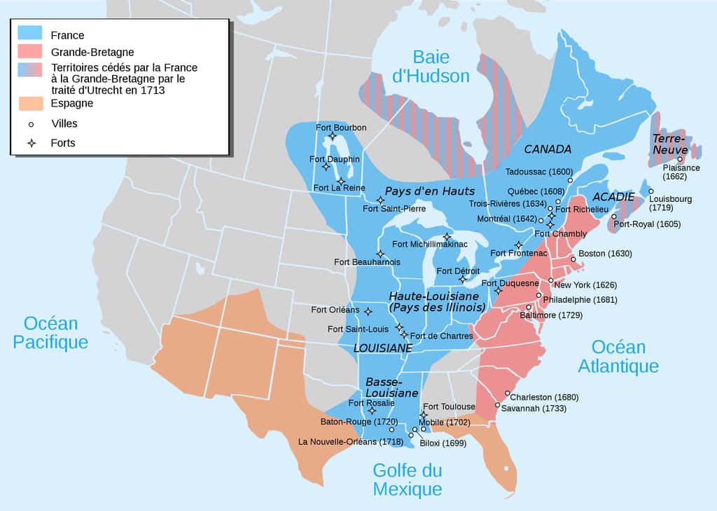 Carte représentant l'occupation française de la Nouvelle France (en bleu) aux XVIIe et XVIIIe siècles ; occupation anglaise en rose. © Wikimedia Commons, domaine public. 