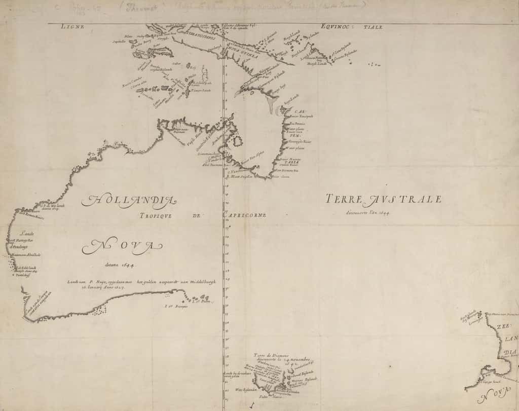 Carte de la « Nouvelle Hollande », parties connues en 1644, avec la « Terre de Diemen » découverte en 1642 par Tasman. Carte dite de Thévenot, imprimée en 1663 à Paris. © Wikimedia Commons, domaine public.