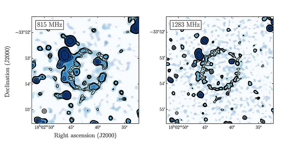 Deux images de Kýklos (J1802–3353) en UHF (à gauche) et en bande L (à droite), aux fréquences de référence de 815 et 1283 MHz. © Bordiu <em>et al.</em>, 2024