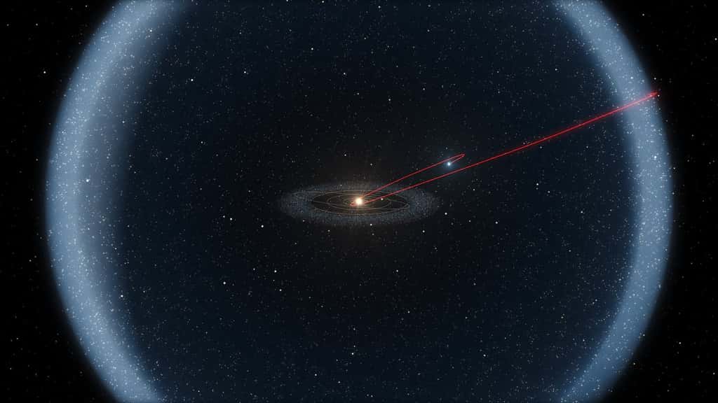 Vue d'artiste du nuage d'Oort, un vaste réservoir sphérique de corps glacés dans le Système solaire externe. Les objets du nuage d'Oort peuvent parfois être poussés vers les parties internes du Système solaire, comme la comète marquée ici d'une ligne rouge. © ESO, L. Calçada