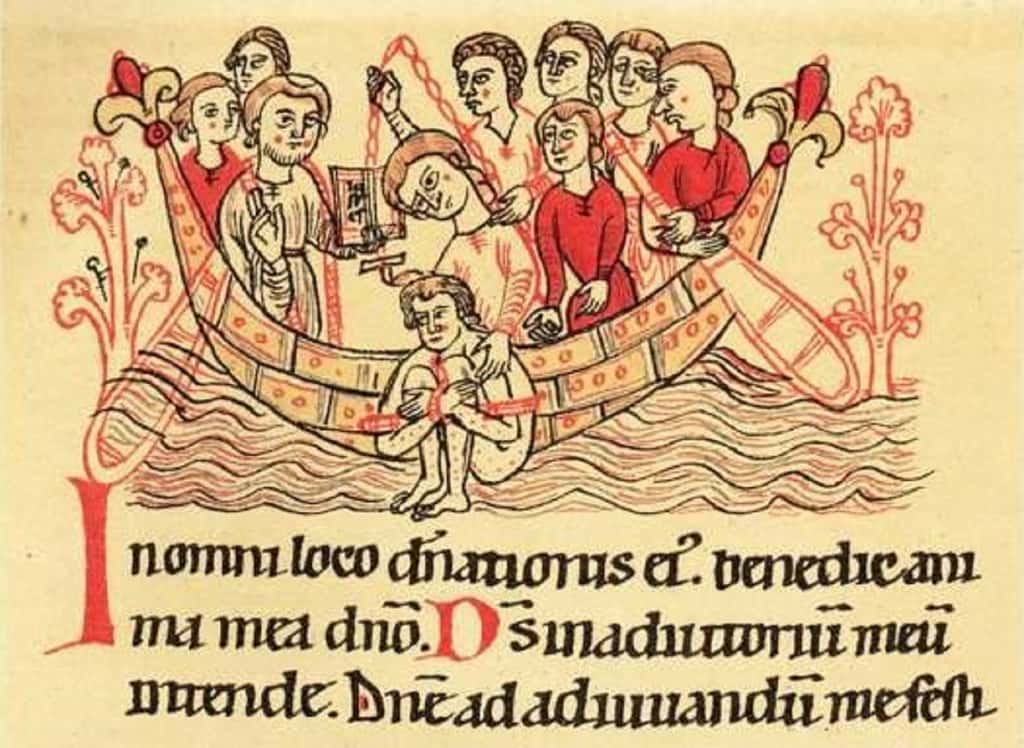 Épreuve de l'ordalie par l'eau ; codex Lambacensis, XII<sup>e</sup> siècle. © Bibliothèque de l'abbaye de Lambach, Autriche, <em>Wikimedia Commons</em>, DP