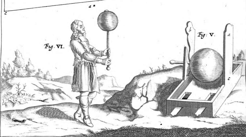 Gravure : Otto Von Guericke et son expérience du globe de soufre, dans "<em>Experimenta nova</em>" de Janssonius, en 1672. © Wikimedia Commons, domaine public.