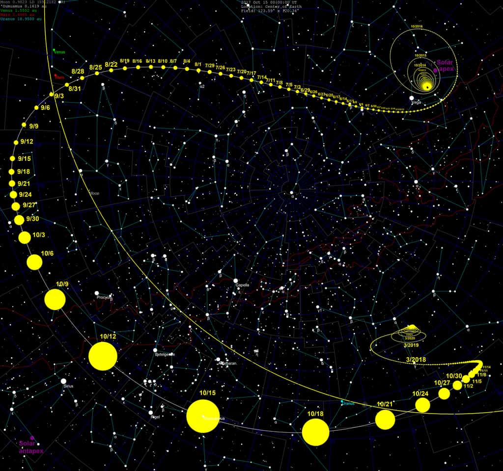 Vue de la Terre, la trajectoire apparente de ‘Oumuamua dans la voûte céleste. Le visiteur s’éloigne désormais de nous pour toujours, vers l’espace interstellaire, en direction de la constellation de Pégase. © <em>Wikimedia Commons</em>, CC by-sa 4.0