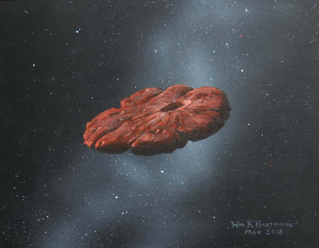 Vue d’artiste d'un 'Oumuamua en forme de « crêpe », qui permet également de reproduire les oscillations de luminosité observées. © William K. Hartmann