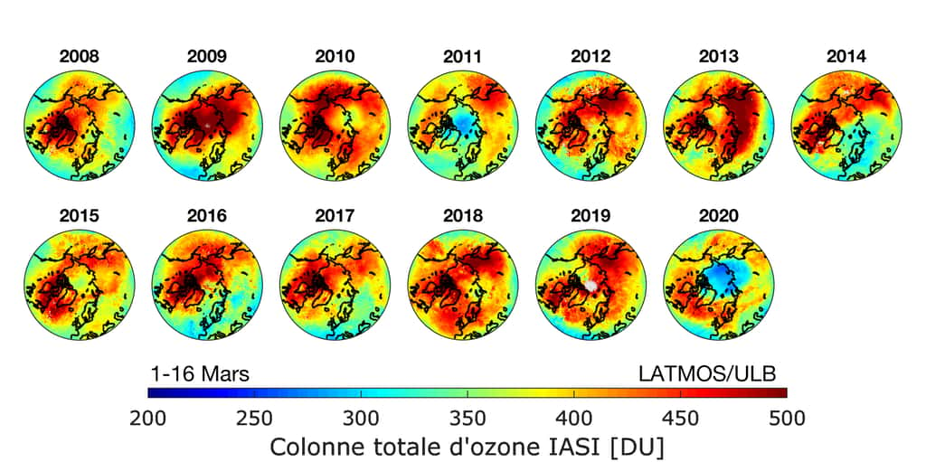 Distribution d’ozone mesurée chaque année à la fin de l’hiver (1-16 mars) par l’instrument IASI à bord du satellite Metop. Les couleurs du jaune au rouge indiquent les régions où les concentrations d’ozone sont élevées, les couleurs bleues indiquent des concentrations deux fois plus faibles (2011 et 2020). © Anne Boynard (Latmos/IPSL)