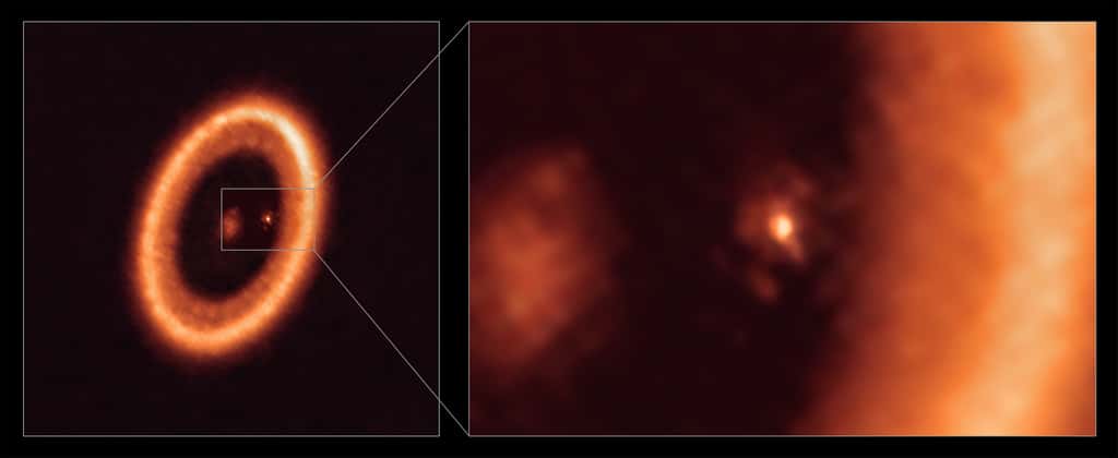 Cette image, prise par Alma (ESO) montre une vue à grand champ (à gauche) et rapprochée (à droite) du disque lunaire entourant PDS 70c, une jeune planète de type Jupiter située à près de 400 années-lumière. La vue rapprochée montre PDS 70c et son disque circumplanétaire au centre de l'image, tandis que le disque circumstellaire, plus grand, semblable à un anneau, occupe la majeure partie du côté droit de l'image. L'étoile PDS 70 est au centre de l'image à grand champ sur la gauche. © Alma (ESO/NAOJ/NRAO), Benisty et al.