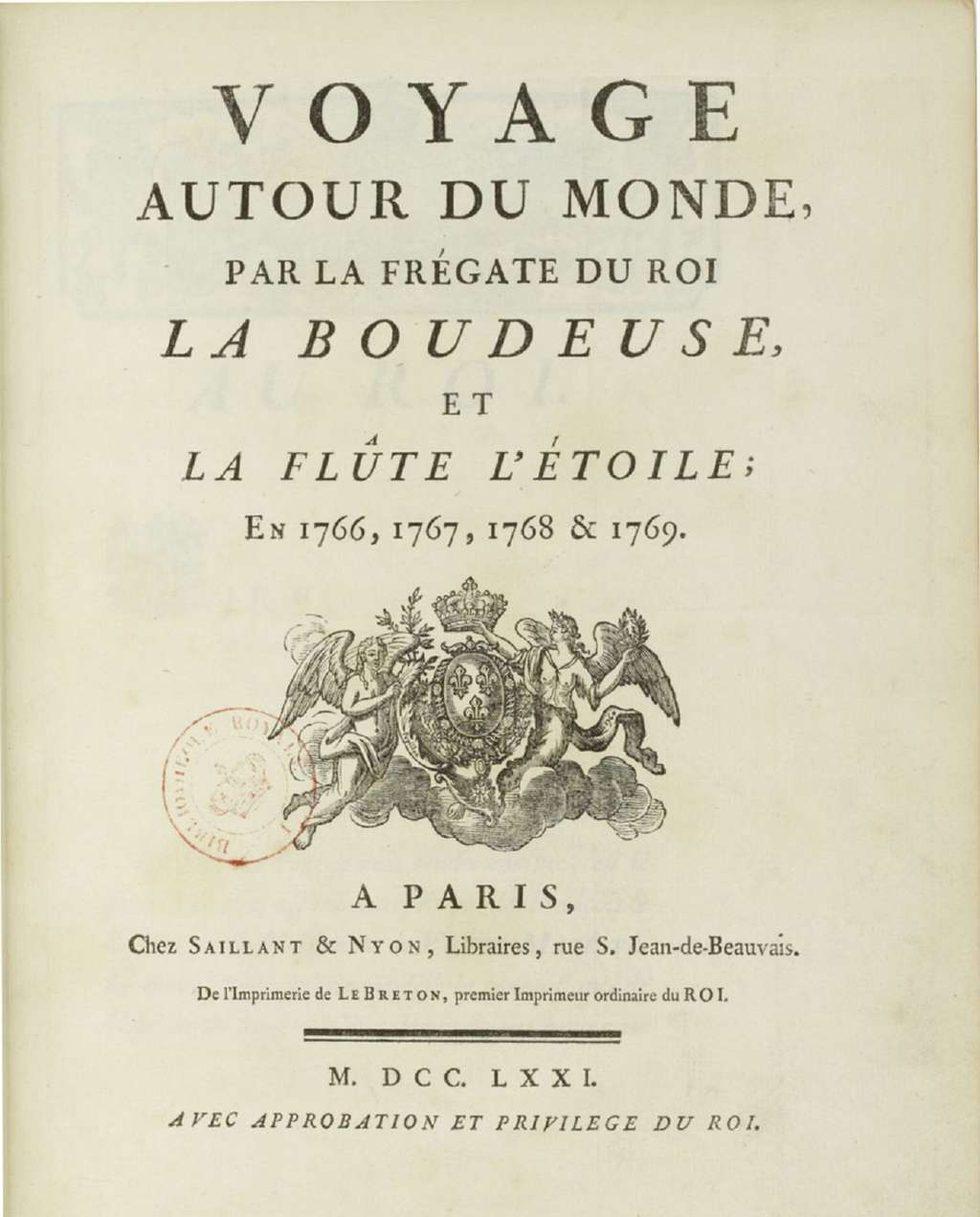 Page de présentation du récit du <em>Voyage autour du monde </em>de Bougainville, publié en 1771 (timbre de la Bibliothèque royale).