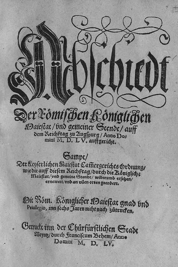 Première page d'impression de la paix impériale et religieuse d'Augsbourg. © Wikimédia Commons, domaine public