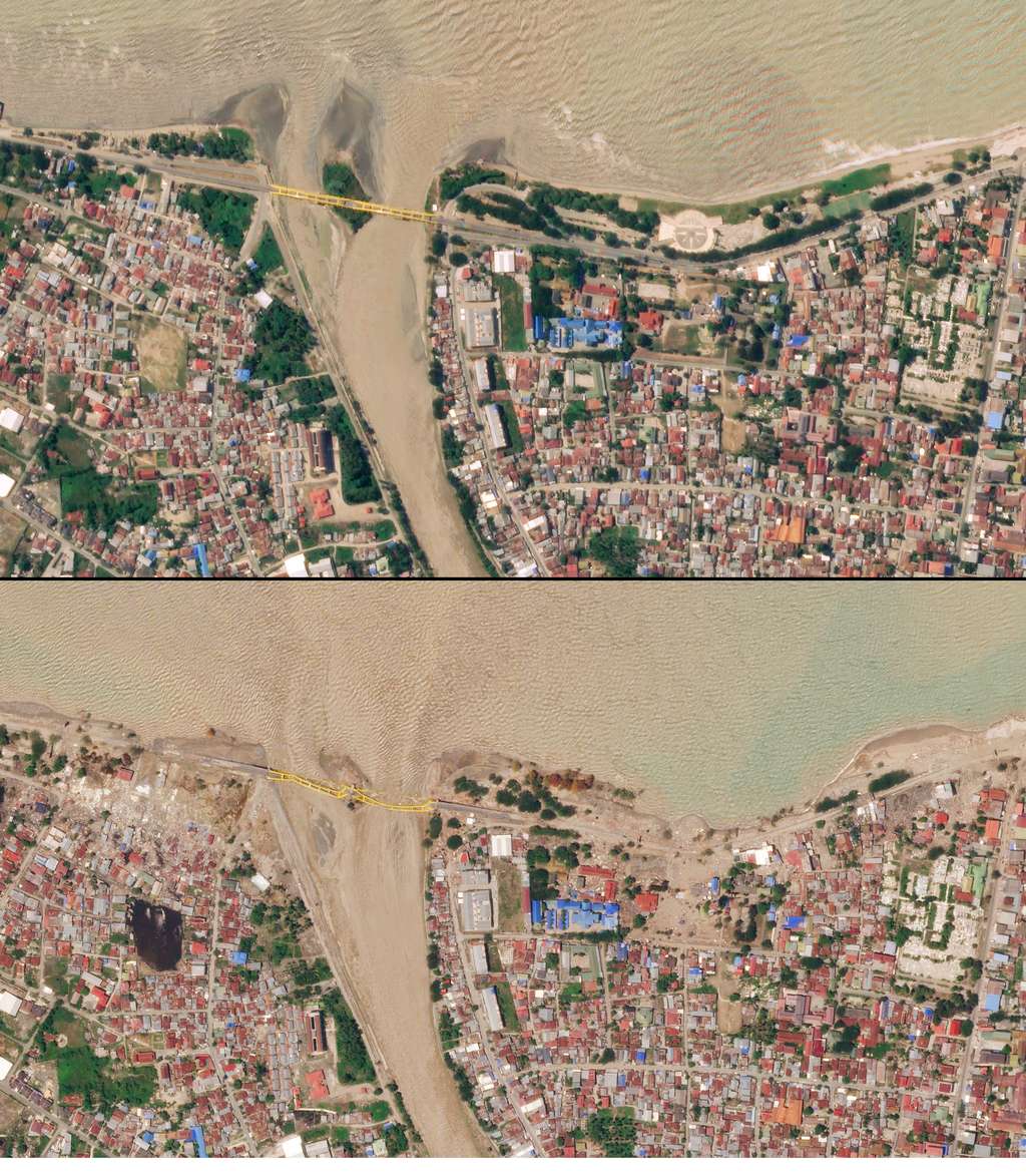 En septembre 2018, un tremblement de terre suivi du tsunami qui en a résulté à Palu, en Indonésie, ont causés des dommages dévastateurs, comme la destruction d’un pont. Les images satellite, prises trois jours après le séisme, montrent l’impact considérable de la catastrophe. © 2018 Planet Labs, Inc.