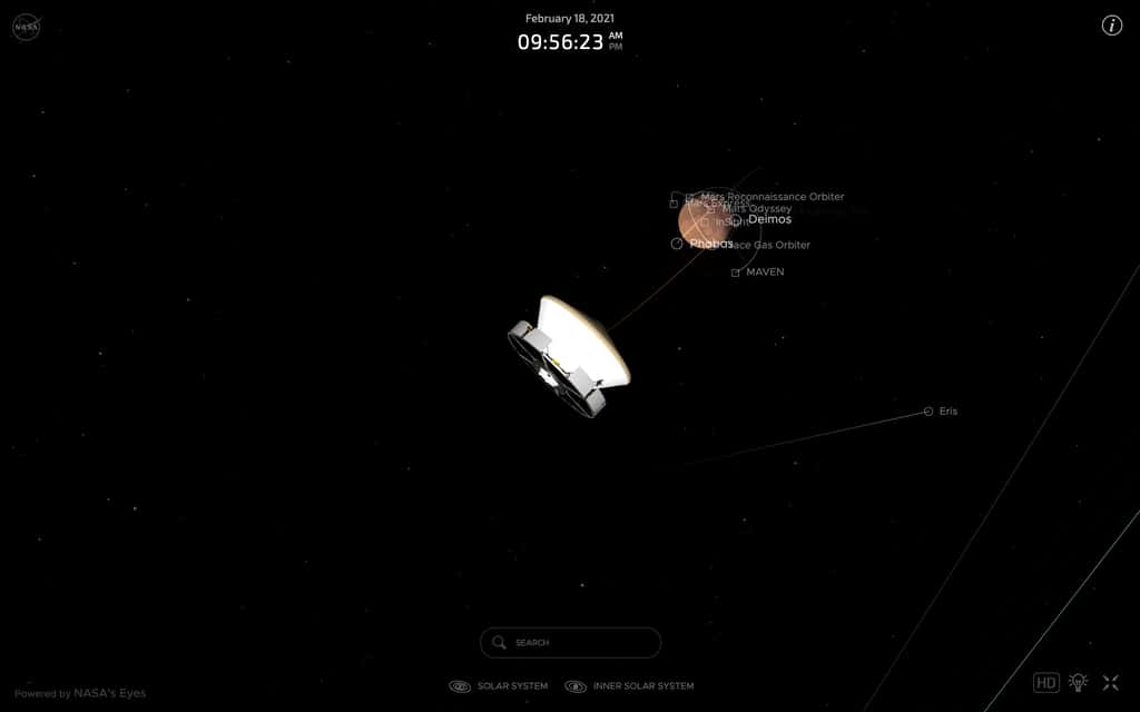 Position de Perseverance à 12 heures de son atterrissage sur Mars. Visualisez en temps réel avec <a href="https://eyes.nasa.gov/apps/mars2020/#/home" target="_blank">Nasa's Eyes</a>. © Nasa,'s Eyes