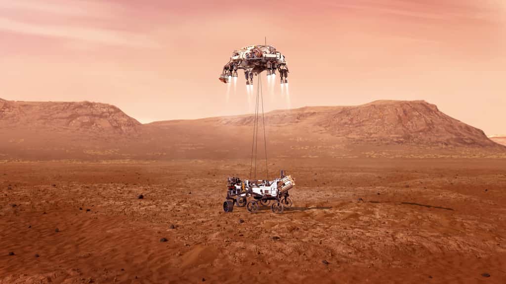 Déposé en douceur par le Sky Crane, Perseverance touche le sol de Mars. © Nasa, JPL-Caltech
