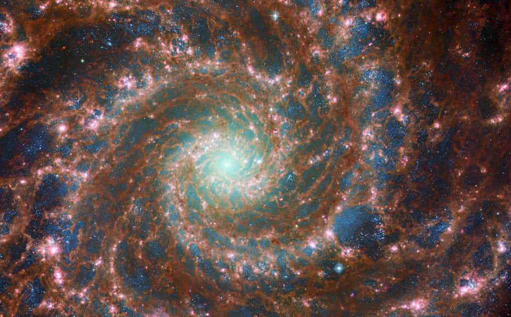 Image composite de M74, la Galaxie du Fantôme. Elle combine les observations dans le visible par Hubble et dans l'infrarouge par James-Webb. Le centre de cette magnifique galaxie spirale brille des milliards d'étoiles âgées qui y sont massées. Les étoiles les plus jeunes et chaudes (bleues), quant à elles, pullulent à travers les bras spiraux. La vue perçante de James-Webb révèle les structures souterraines (nuages sombres de gaz et de poussière) qui donnent naissance à de nouvelles génération d'étoiles. © ESA, Webb, Nasa & CSA, J. Lee and the PHANGS-JWST Team; ESA/Hubble & NASA, R. Chandar, J. Schmidt