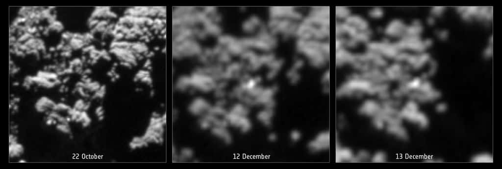 Entre l'image de gauche, prise par la caméra Osiris, à bord de Rosetta, le 22 octobre et celles de droite, saisies avec le même instrument les 12 et 13 décembre 2014, une tache blanche apparaît. Sa forme en trèfle correspond à celle de l'atterrisseur Philae, avec deux de ses pattes. © Esa/Rosetta/<em>MPS for Osiris Team MPS</em>/UPD/LAM/IAA/SSO/INTA/UPM/DASP/IDA