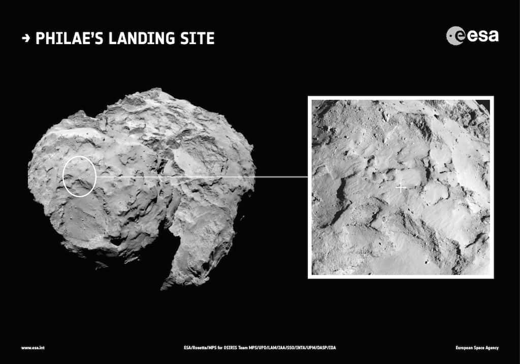 Situé au sommet du plus petit des deux lobes de la comète 67P/Churyumov-Gerasimenko, le site d'atterrissage de Philae a été baptisé Agilkia. © Esa, Rosetta, MPS, UPD, LAM, IAA, SSO, INTA, UPM, DASP, IDA