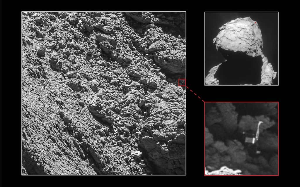Après enquête et à la faveur du rapprochement de Rosetta du noyau cométaire ces dernières semaines, l’atterrisseur Philae a pu être repéré. © ESA, Rosetta, MPS for OSIRIS Team MPS, UPD, LAM, IAA, SSO, INTA, UPM, DASP, IDA