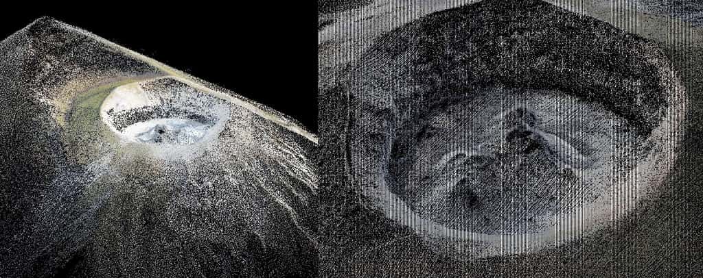 Le logiciel de photogrammétrie rend des images comme celles-ci, avec un nuage de points en 3D. © Sylvain Chermette, 80 Jours Voyages - Objectif Volcans