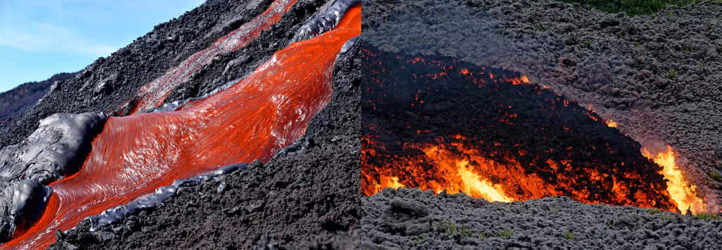 À débit plus important, les laves <em>pāhoehoe</em> peuvent former des bordures lisses comme sur la photo de gauche, mais l’écoulement rapide finit par former des gratons et, à l’extrémité de la coulée, un front de lave comme sur la photo de droite. © Laurent Perrier et Wilfried Prigent