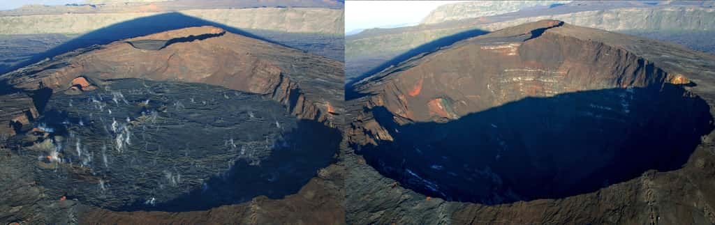 Le cratère Dolomieu avant et après son effondrement lors de l’éruption du 2 avril 2007. © Lucette Ferlicot, La Cité du Volcan