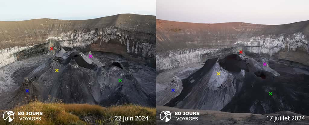 Photos comparatives du cratère du Lengaï entre juin et juillet 2024. Les croix de couleur permettent d’identifier les évents identiques d’une photo à l’autre. © Sylvain Chermette, 80 Jours Voyages