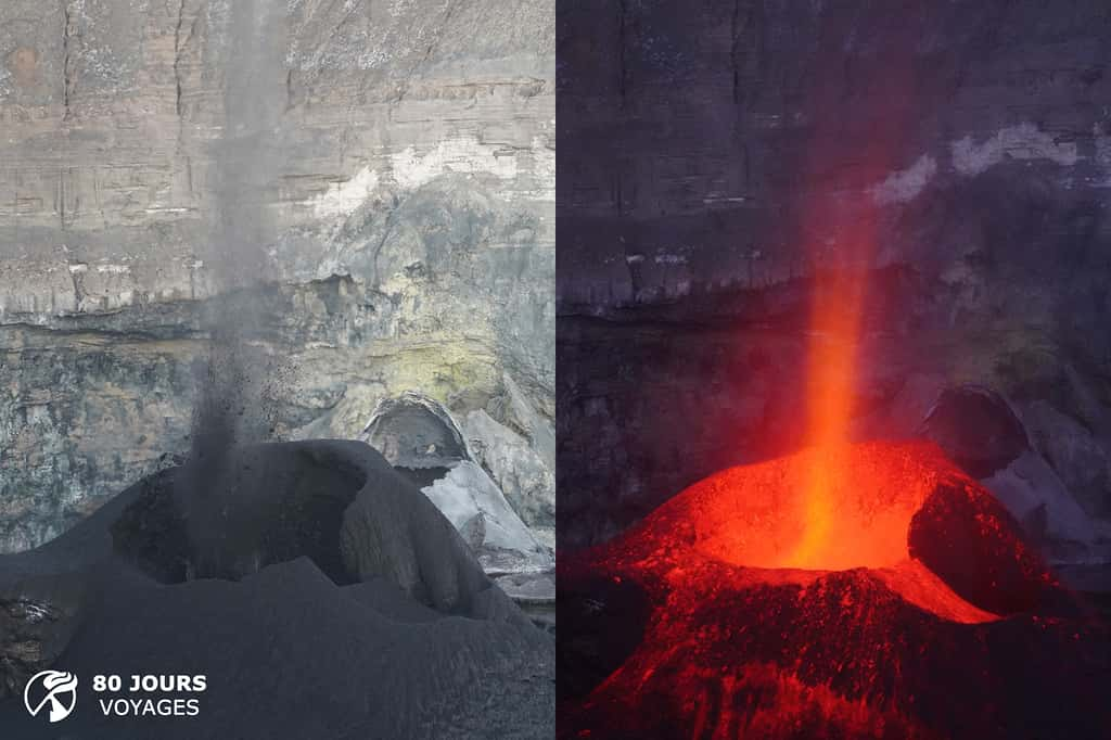 Différence visuelle entre le jour et la nuit ! En journée, la faible incandescence de la carbonatite est complètement atténuée par la lumière du jour. © Sylvain Chermette, 80 Jours Voyages