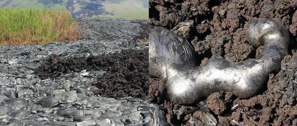    Bien qu’elles aient la même composition chimique, ces coulées de lave ont des surfaces totalement différentes, que ce soit de près ou de loin ! © Philippe Mairine