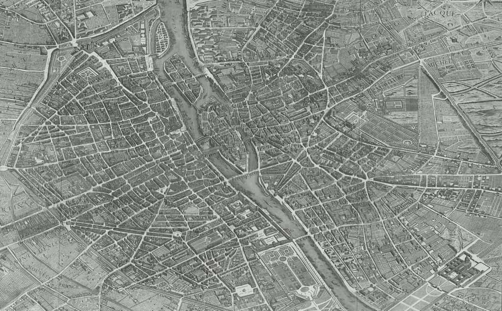 Plan de Paris de 1739 dit plan Turgot (axe est-ouest et perspective). Plans anciens de Paris. © <em>Wikimedia Commons</em>, domaine public