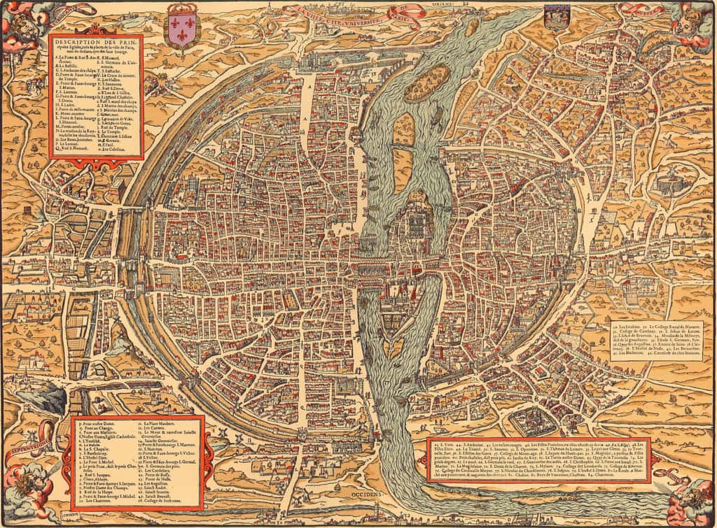 Plan de Paris en 1575, graveur Cruche, publié par François de Belleforest dans <i>La Cosmographie universelle de tout le monde</i>. © Wikimedia Commons, domaine public.