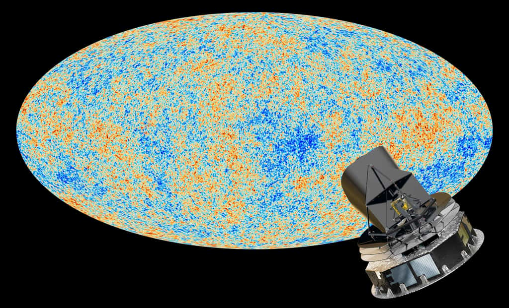 Le satellite Planck, devant le fond diffus cosmologique, émis 380 000 ans environ après le Big Bang. © Nasa, ESA