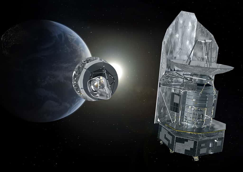Vue d'artiste des satellites Planck (à gauche) et Herschel. © ESA, Thales Alenia Space