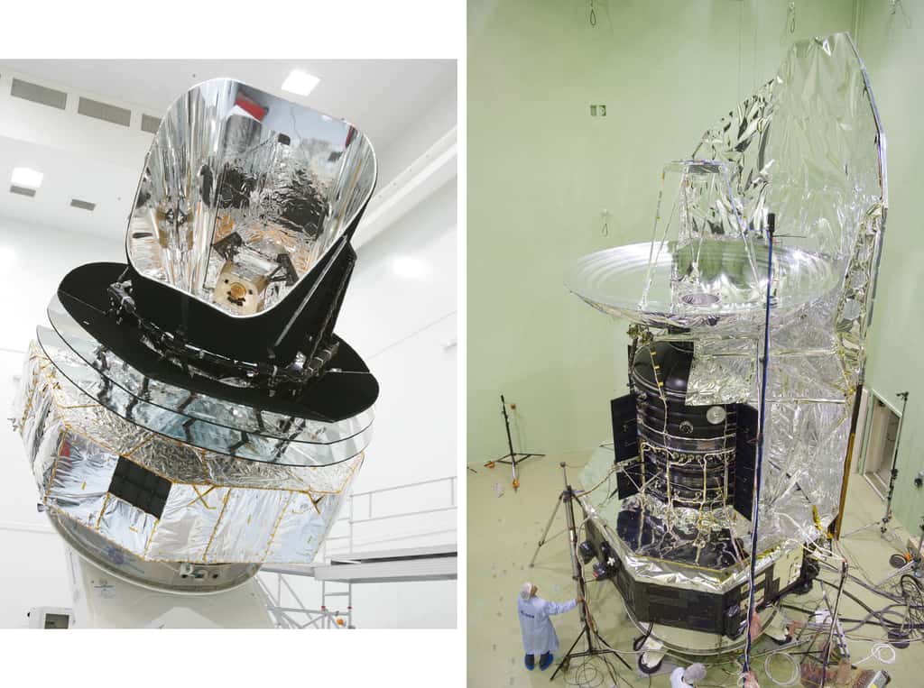 Les satellites Planck (gauche) et Herschel. Planck est vu au Centre spatial de Liège en vue de ses essais environnementaux grands froids. Quant à Herschel, il est ici préparé aux tests acoustiques réalisés à l'Estec. © Remy Decourt 