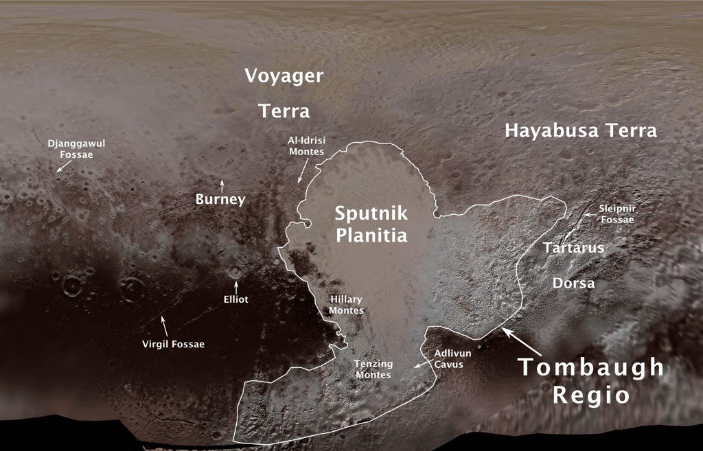 Noms officiels des régions de Pluton validés par l’Union astronomique internationale en août 2017. © Nasa, JHUAPL, SwRI, Ross Beyer